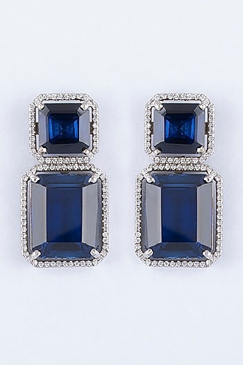 White Finish Sapphire Dangler Earrings In Sterling Silver