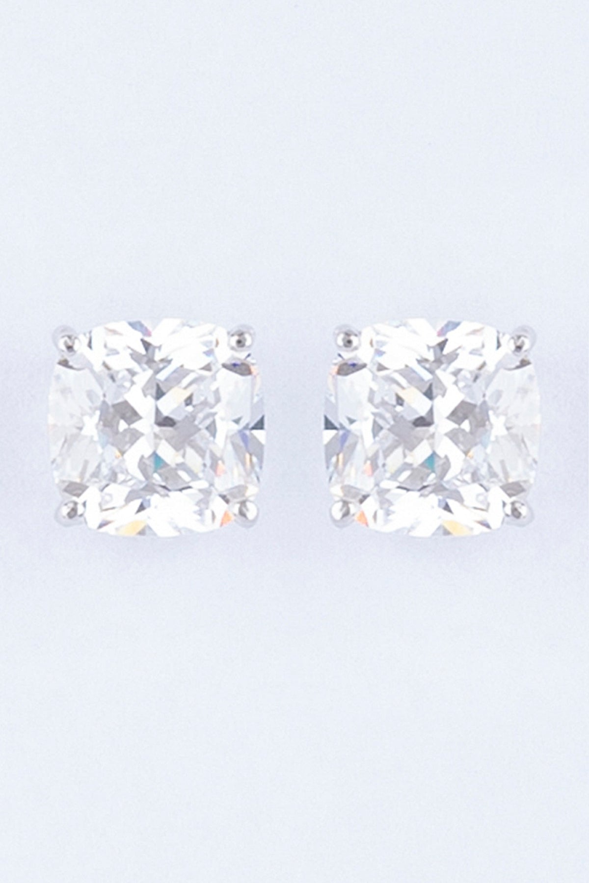 White Finish Cushion-Cut Zircon Stud Earrings In Sterling Silver