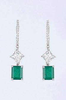 White Finish Emerald Dangler Earrings In Sterling Silver
