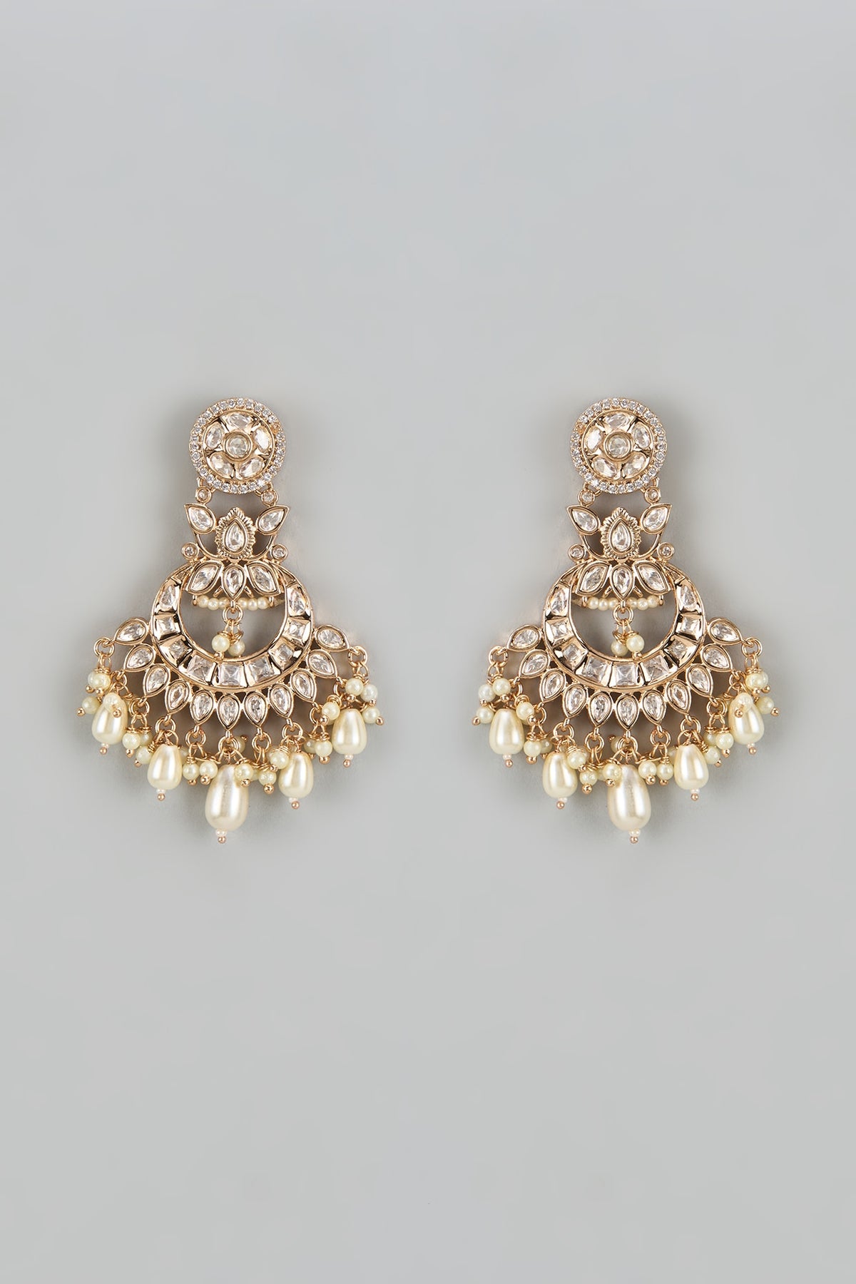 Rose Gold Finish Kundan Polki & American Diamond Chandbaali Earrings