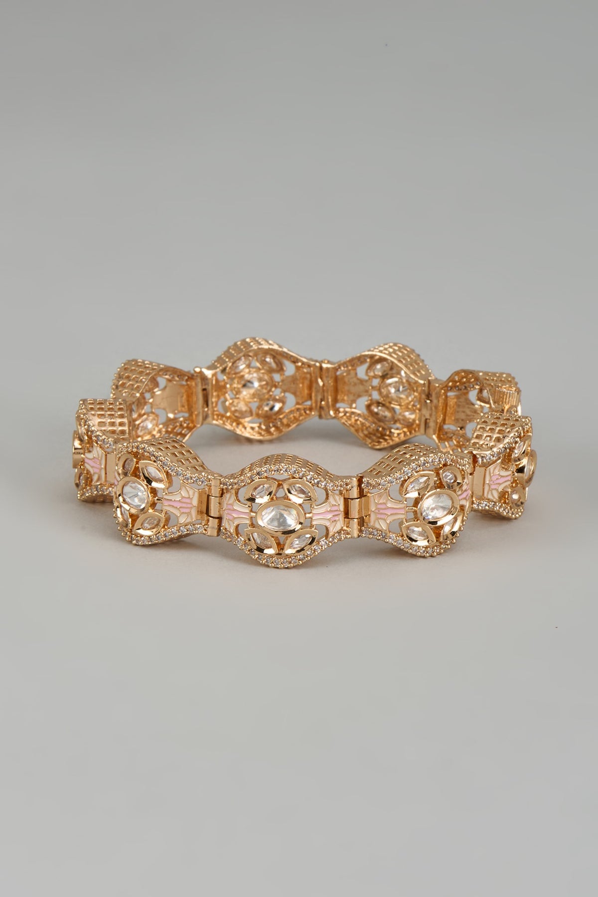 Rose Gold Finish Kundan Polki & American Diamond Meenakari Bracelet