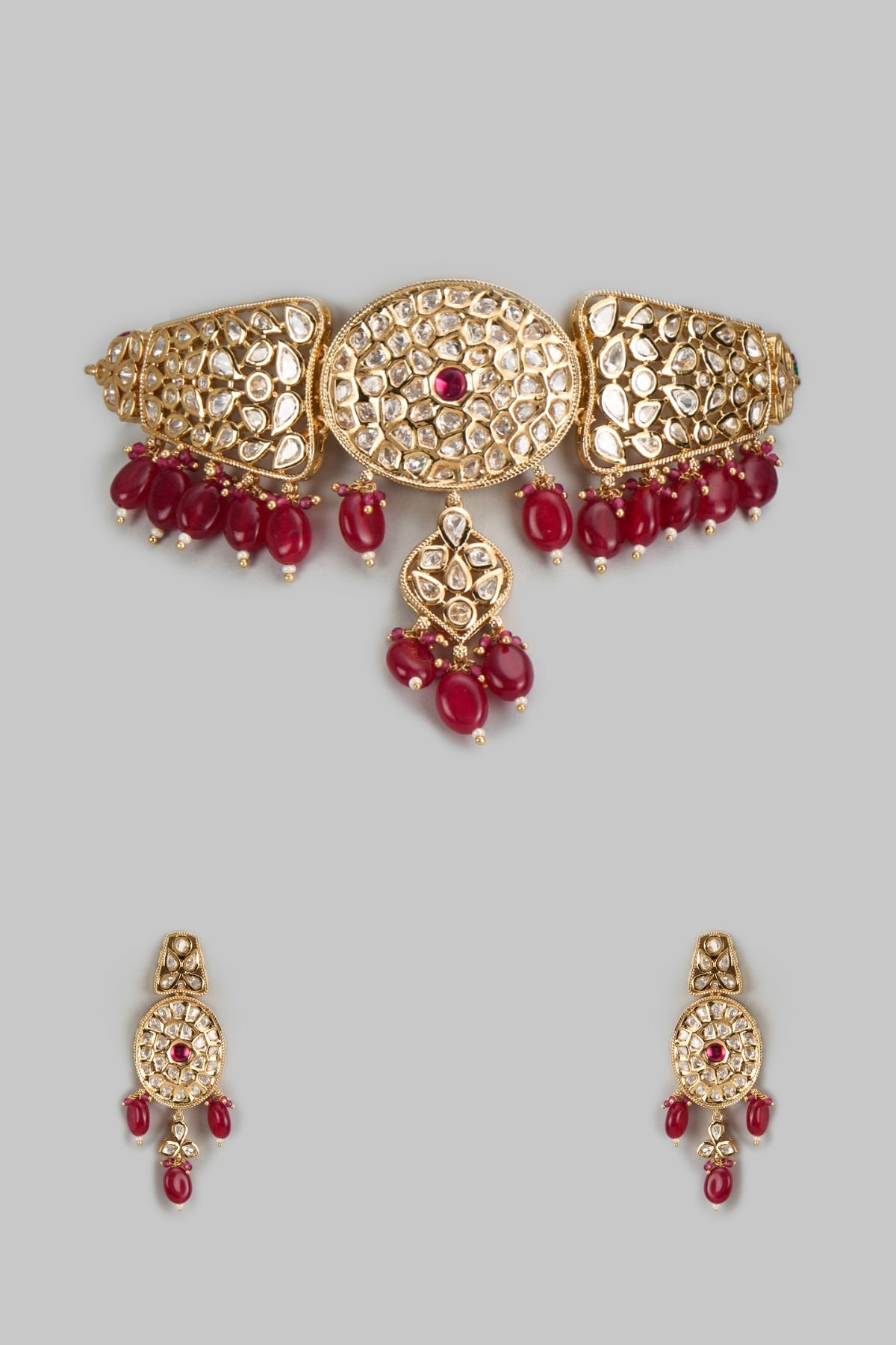 Rose Gold Finish Kundan Polki & American Diamond Choker Necklace Set