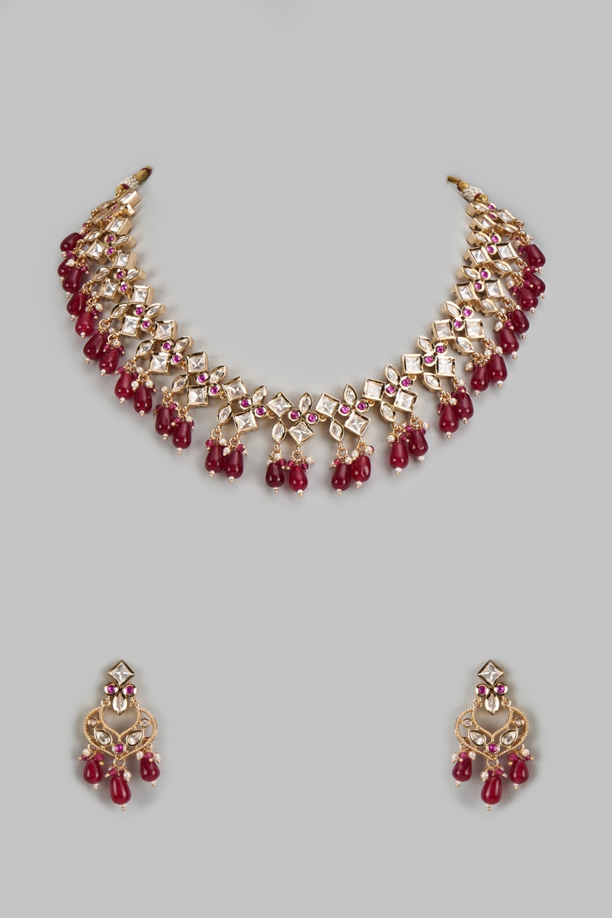 Rose Gold Finish Kundan Polki & Ruby Stone Necklace Set