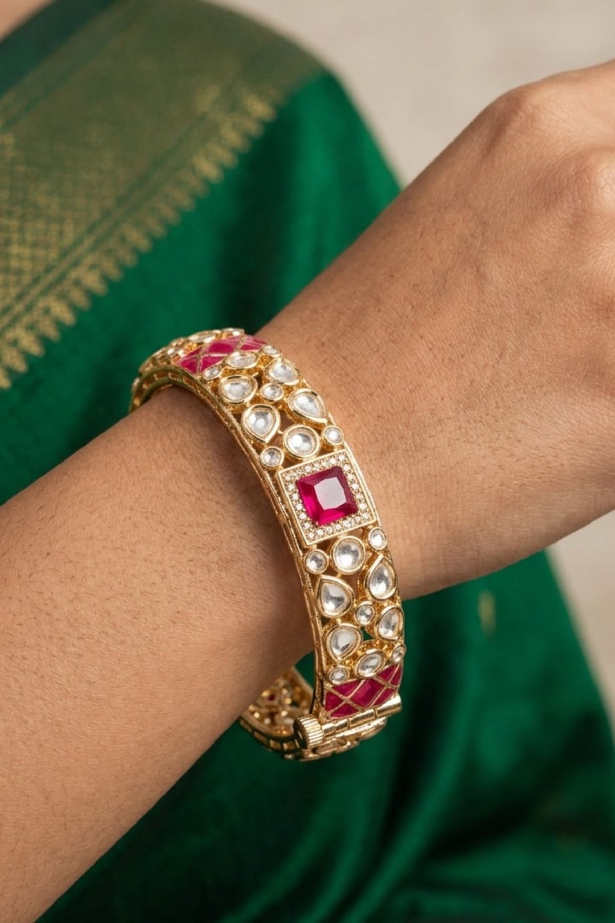 Gold Finish Kundan Polki & Red Stone Bangles (Set Of 2)