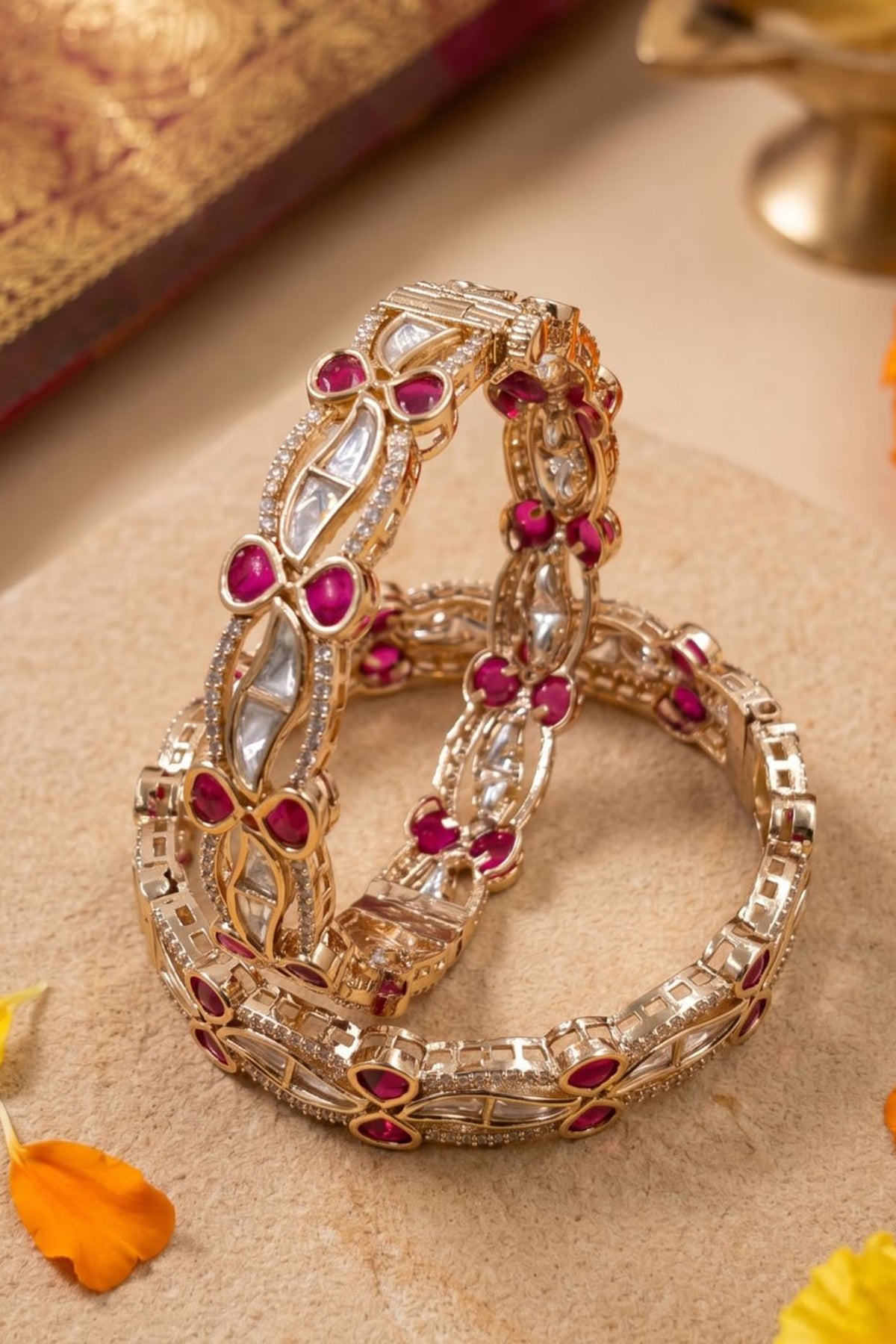 Gold Finish Red Kundan Polki Bangles (Set Of 2)