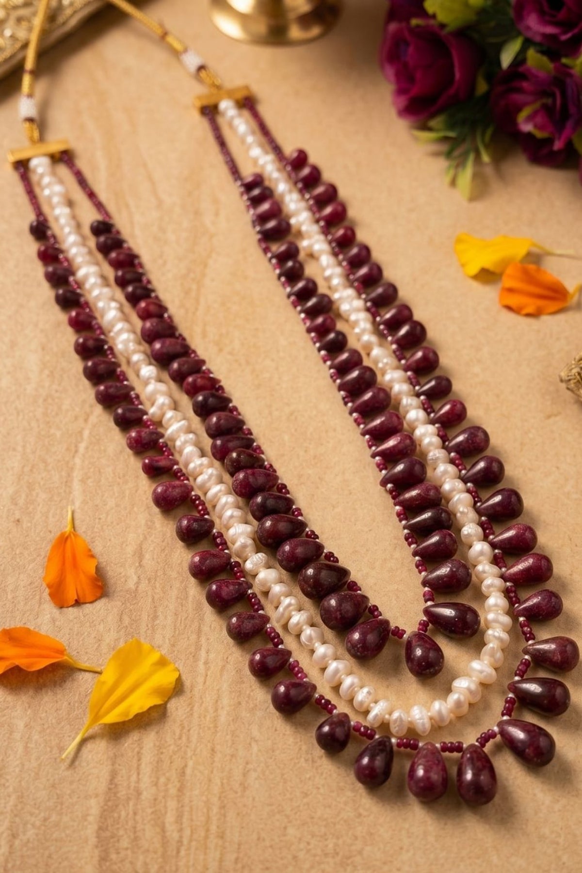 Gold Finish Ruby Beaded Layered Necklace