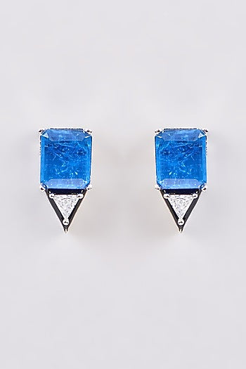 White Finish Zircon & Onyx Stud Earrings