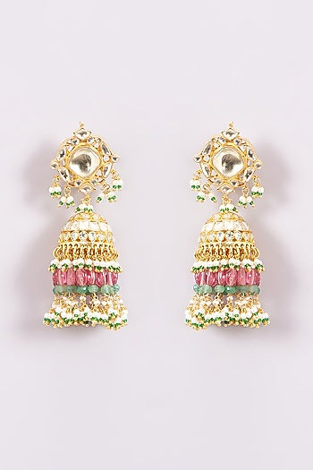 Gold Finish Kundan Polki Jhumka Earrings