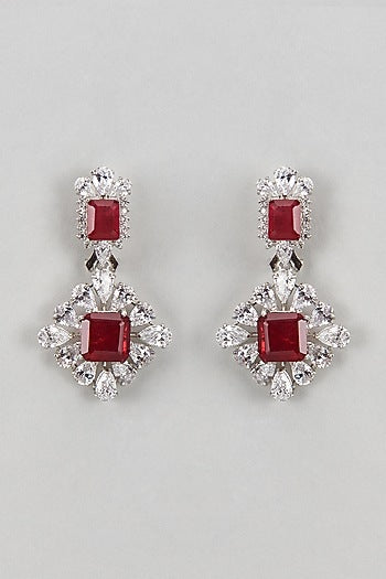 White Finish Ruby Stone & CZ Diamond Beaded Dangler Earrings In Sterling Silver