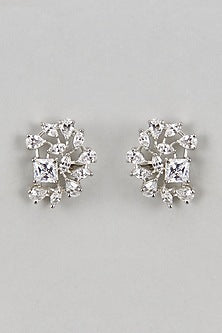 White Finish Zircon & Swarovski Stone Stud Earrings In Sterling SIlver