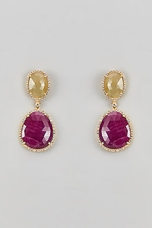 Gold Finish CZ Diamond & Multi-Colored Stone Beaded Dangler Earrings In Sterling Silver