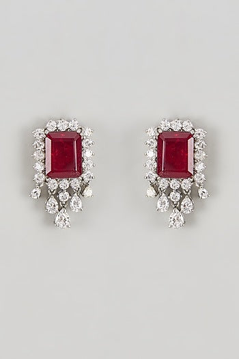 White Finish CZ Diamond & Ruby Stone Stud Earrings In Sterling Silver