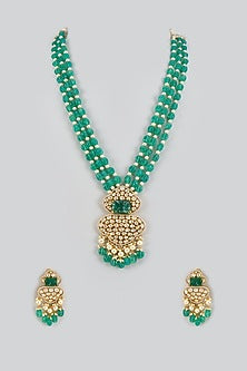 Black Rhodium Finish CZ Diamond & Green Kundan Polki Long Necklace Set In Sterling Silver