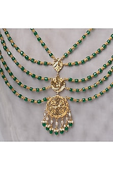 Gold Finish Pathra Work & Green Quartz Stone Layered Necklace In Sterling Silver