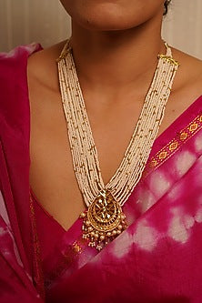 Gold Finish Pearl Long Necklace In Sterling Silver