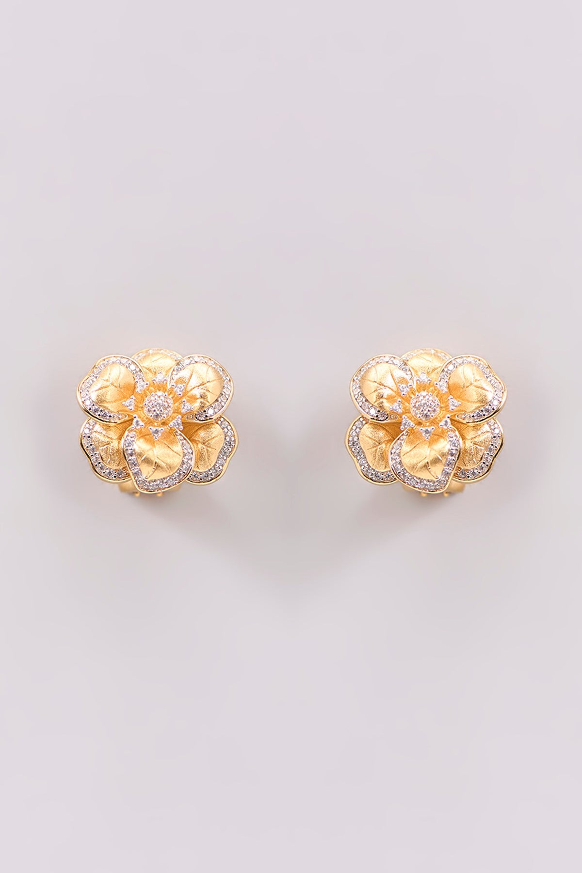 Gold Plated Cubic Zirconia Floral Stud Earrings In Sterling Silver