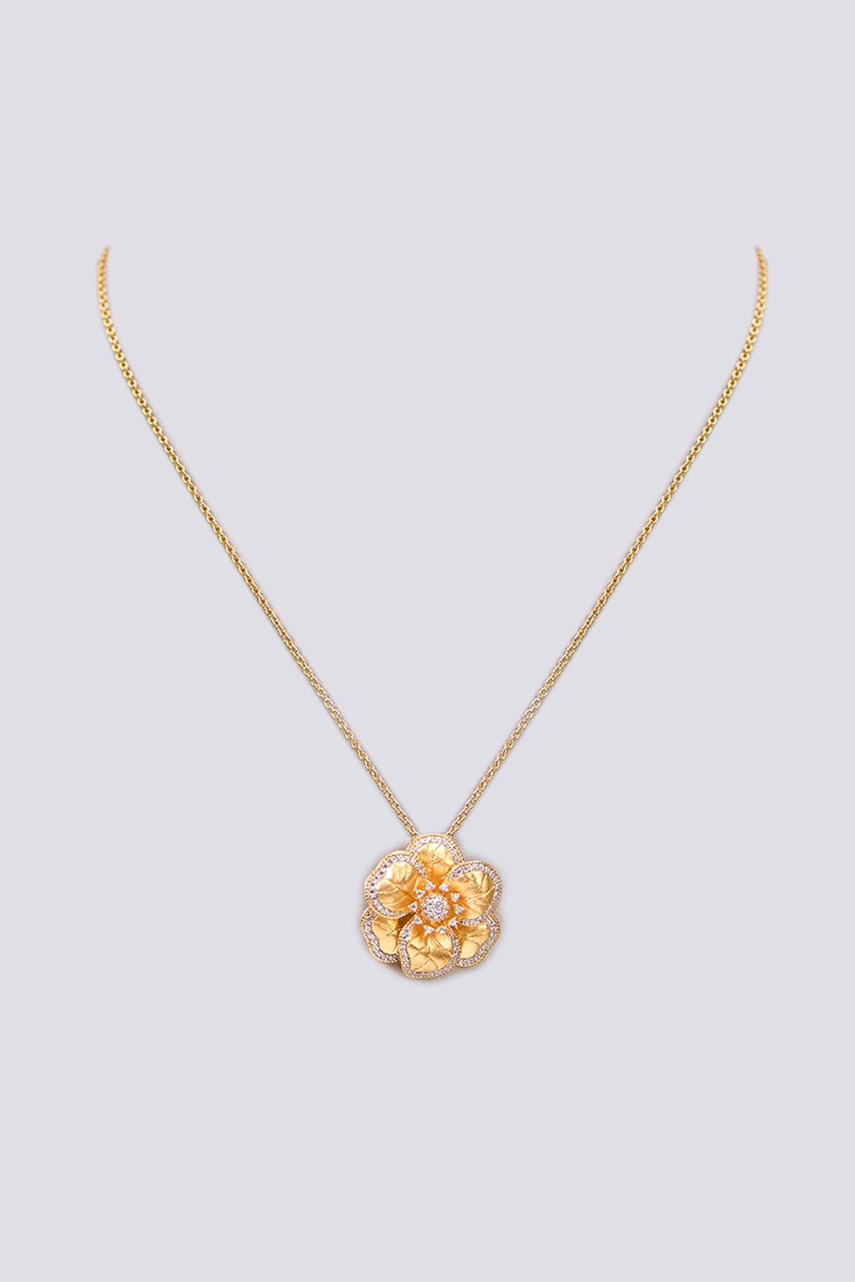 Gold Plated Cubic Zirconia Floral Pendant Necklace In Sterling Silver