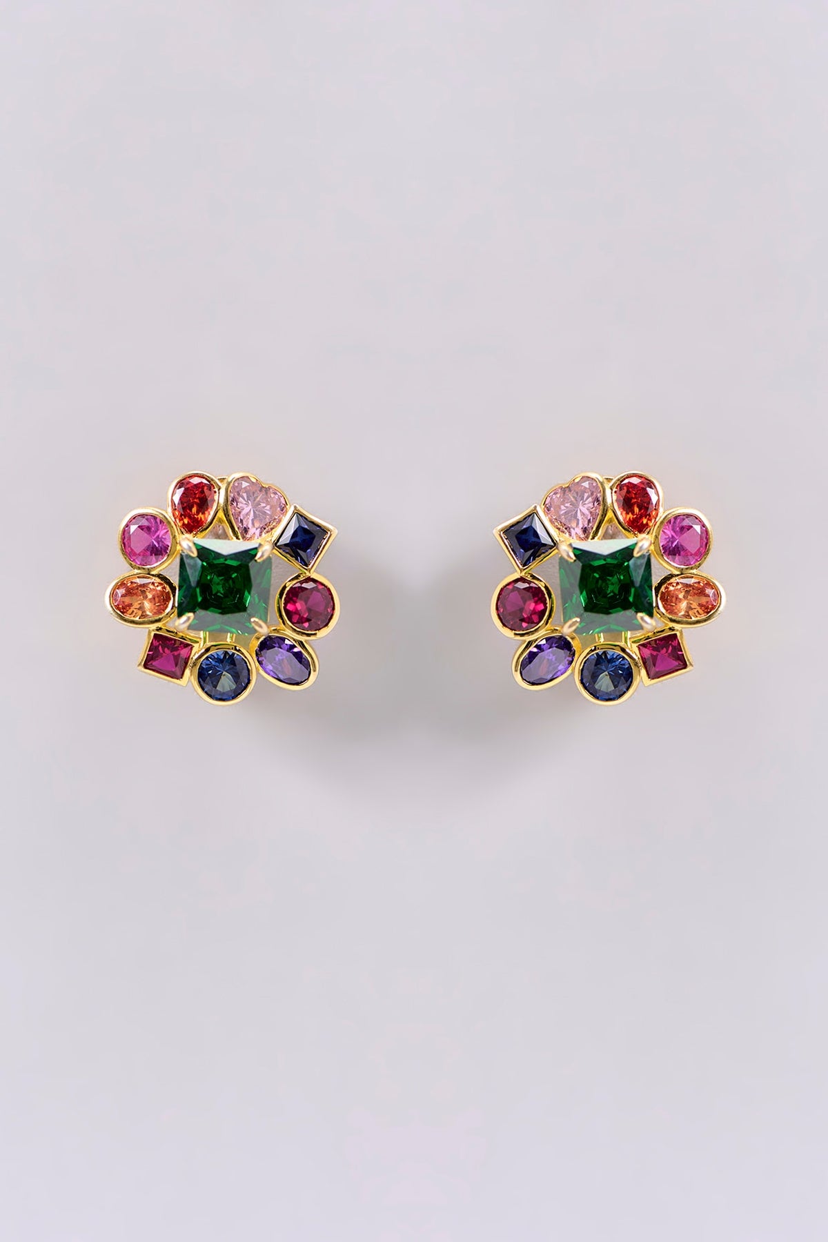 Gold Plated Multi-Colored Sapphire Stone Stud Earrings In Sterling Silver