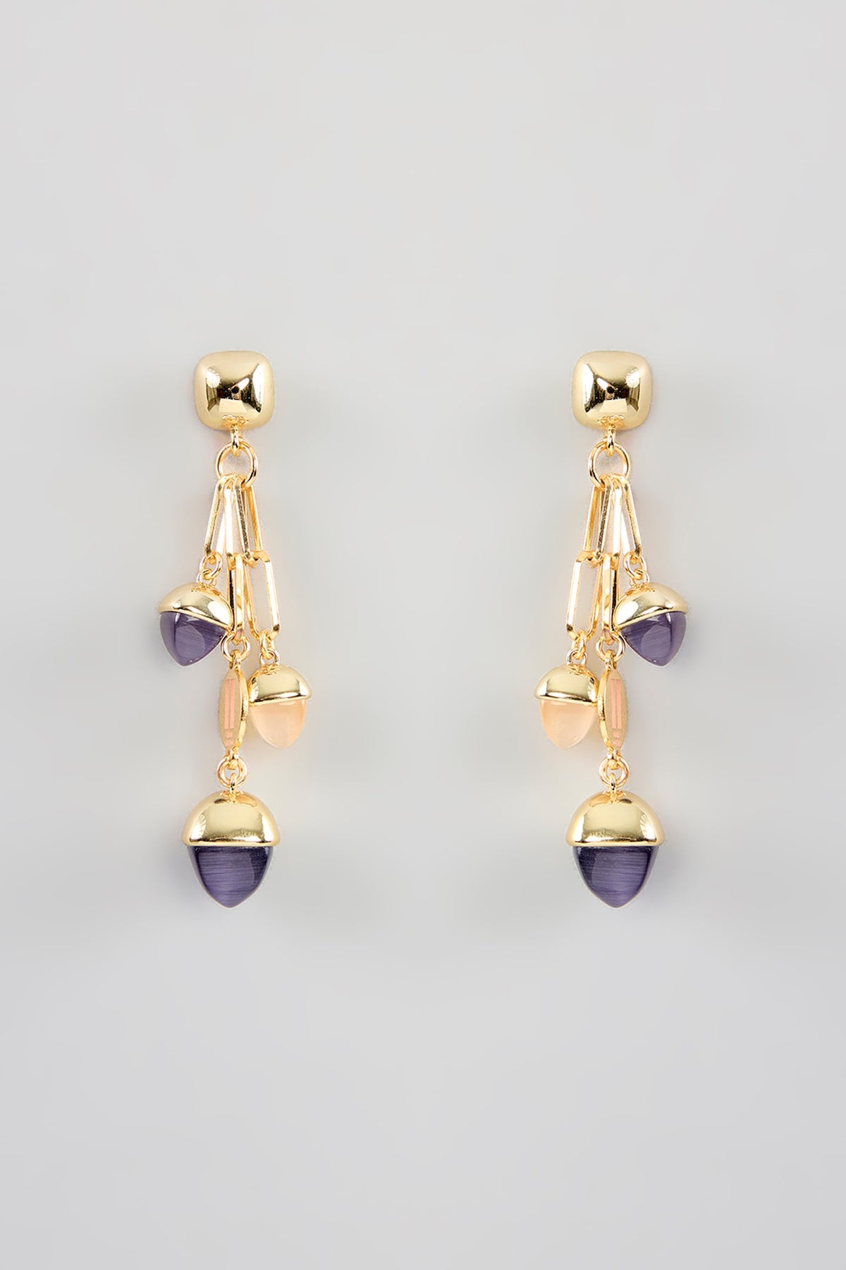 Gold Finish Amethyst & Crystal Dangling Paper Clip Link Earrings