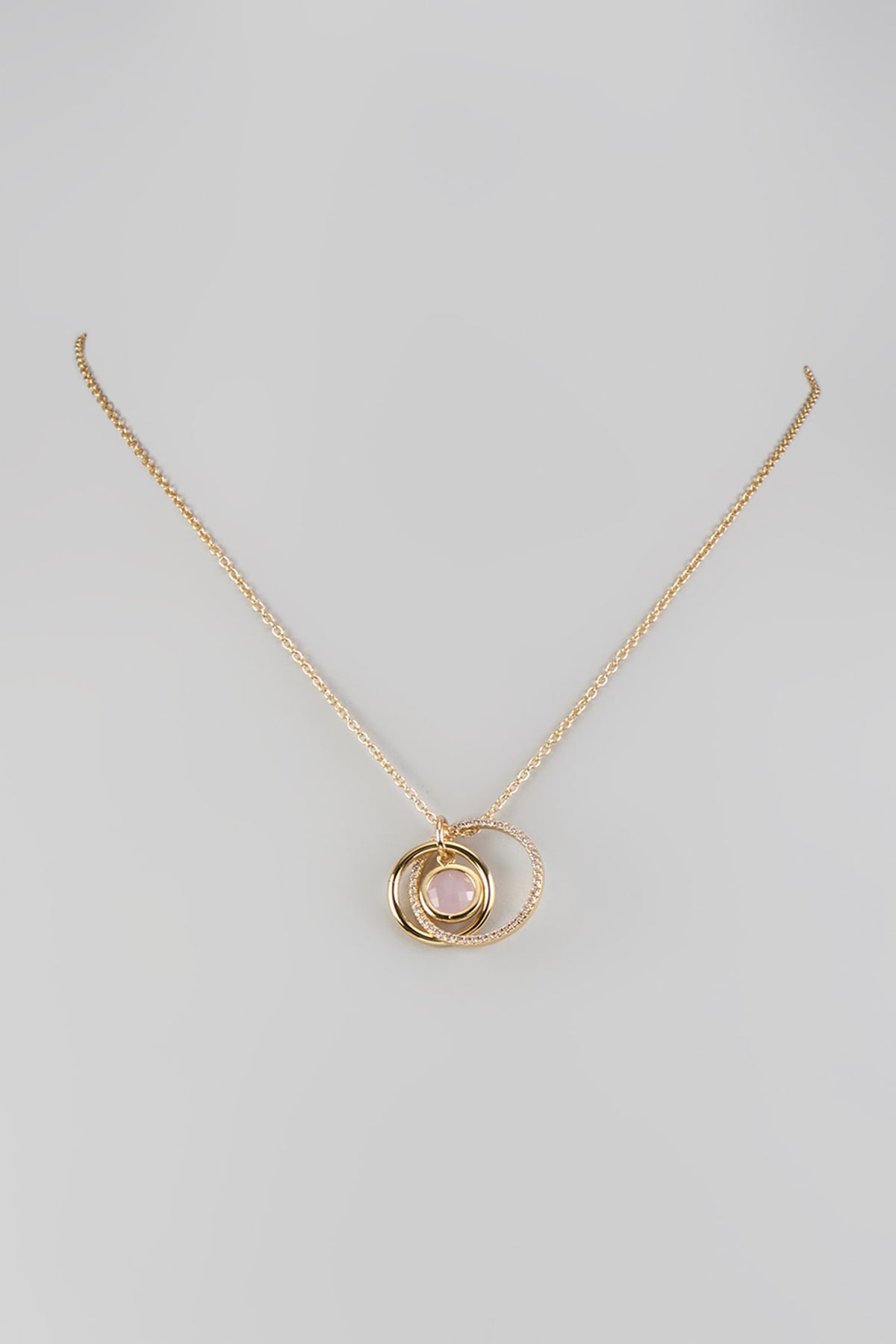 Yellow Gold Finish Cubic Zirconia & Pink Quartz Stone Necklace