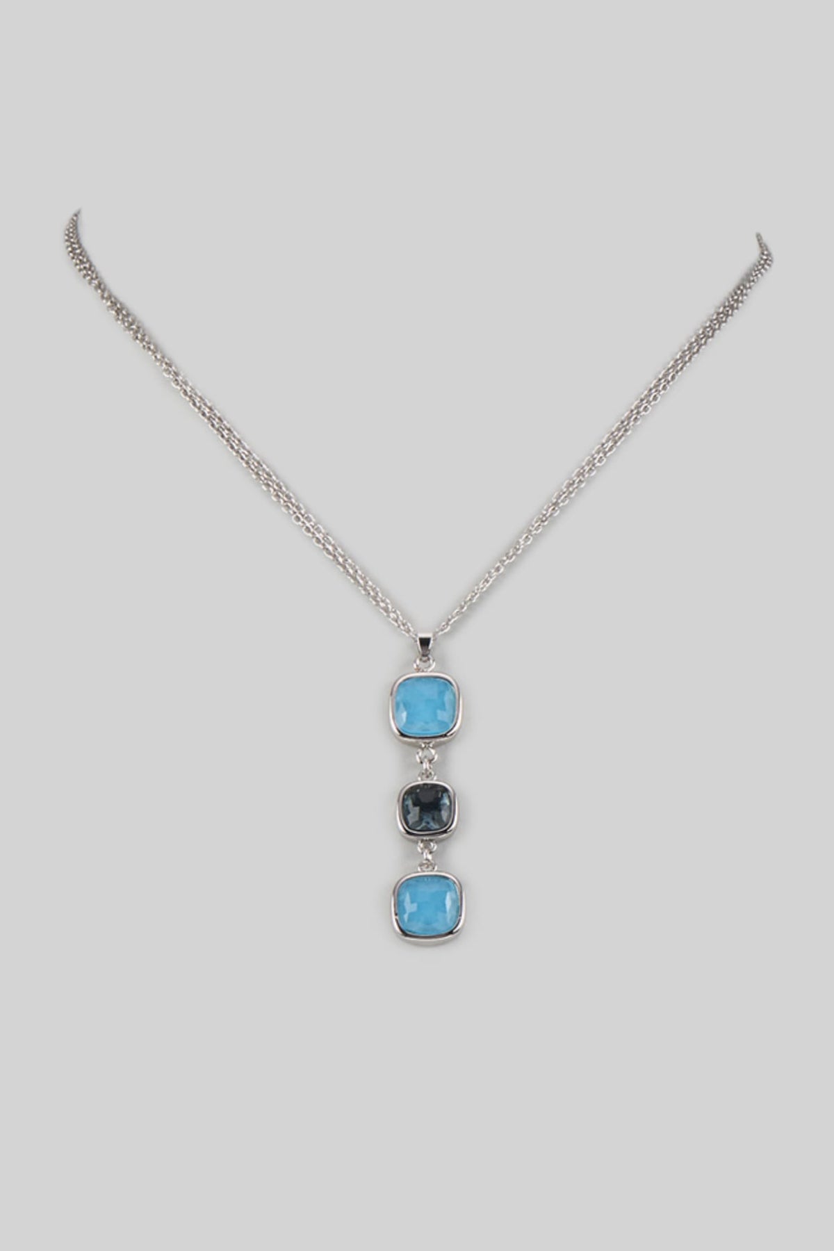 White Rhodium Finish Milky Blue & Aquamarine Crystal Pendant Necklace