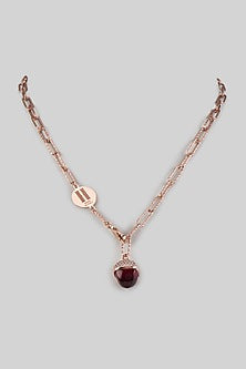 Rose Gold Finish Garnet Pyramidal Crystal & Cubic Zirconia Pendant Necklace
