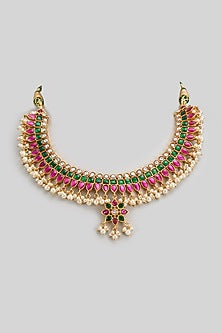 Gold Finish Freshwater Pearl & Semi-Precious Stone Necklace In Sterling Silver