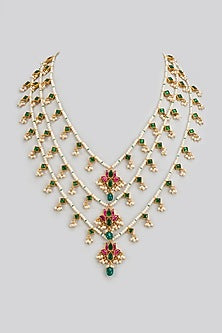 Gold Finish Freshwater Pearl & Semi-Precious Stone Layered Necklace In Sterling Silver