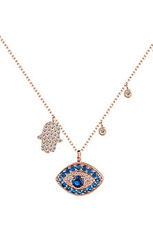 Rose Gold Finish Cubic Zirconia Evil Eye & Hamsa Necklace In Sterling Silver