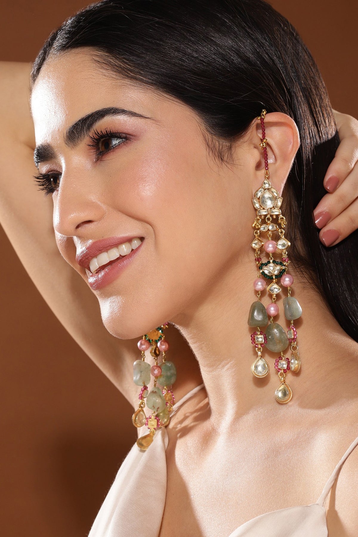 Gold Finish Kundan Polki & Onyx Stone Dangler Earrings