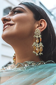 Gold Finish Earrings With Amber Cabochon Stones