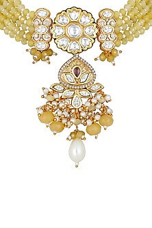 Gold Finish Kundan Polki & Yellow Agate Long Necklace Set