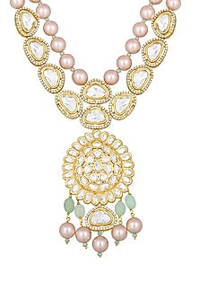 Micro Gold Finish Shell Pearl & Kundan Polki Long Necklace Set