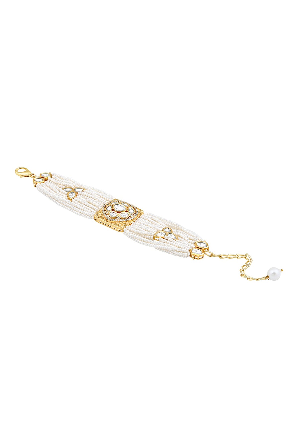 Gold Finish Cream Pearls & Kundan Polki Handcrafted Bracelet