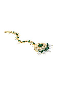 Gold Finish Kundan Polki & Green Agate Stones Handcrafted Maang Tikka