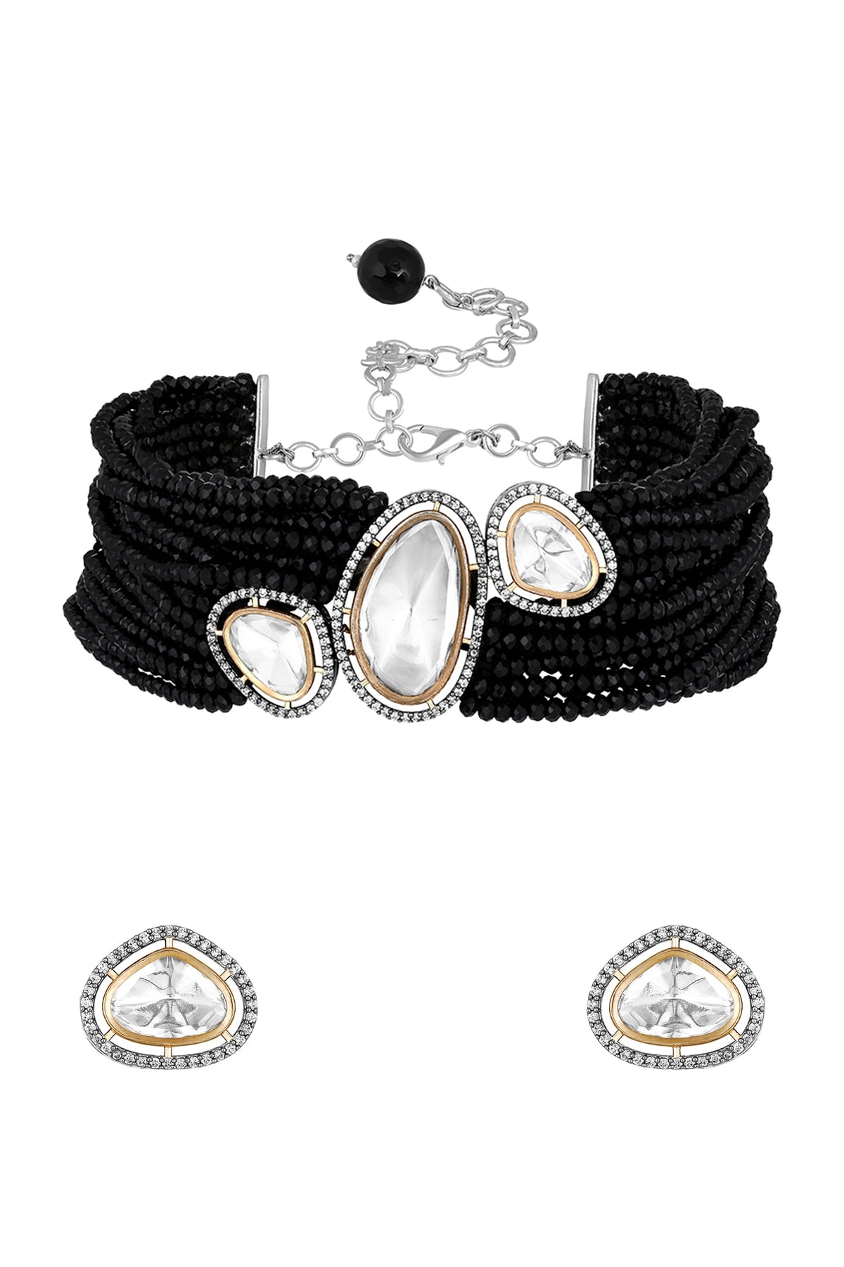 Two-Tone Finish Black Kundan Polki & Onyx Tumble Choker Necklace Set