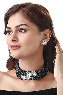 Two-Tone Finish Black Kundan Polki & Onyx Tumble Choker Necklace Set