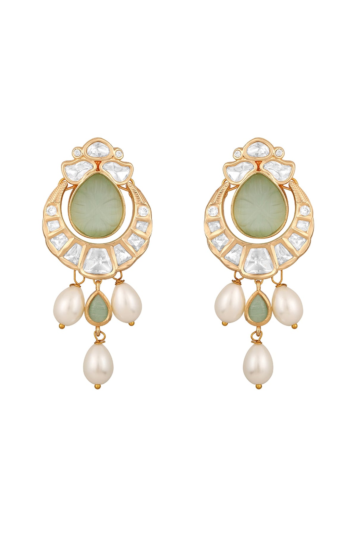 Gold Finish Kundan Polki & Green Onyx Handcrafted Chandbali Earrings