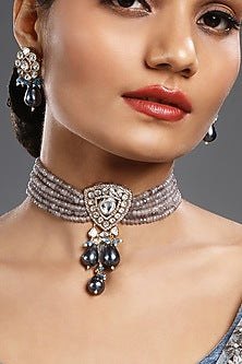 Gold Finish Kundan Polki & Agate Stone Handcrafted Choker Necklace Set