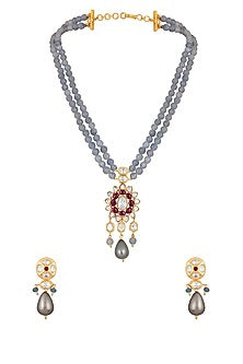 Gold Finish Blue Agate Beaded Handcrafted Long Necklace Set