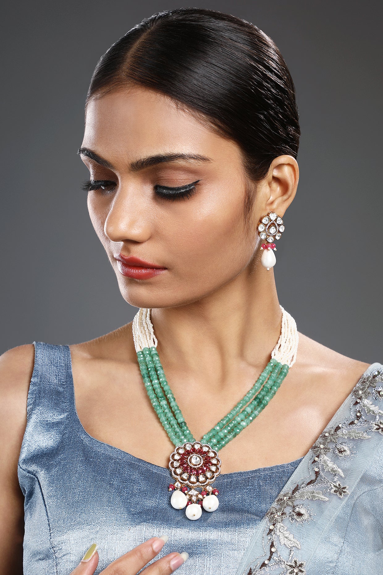 Gold Finish Multi-Colored Agate Beaded Handcrafted Long Necklace Set