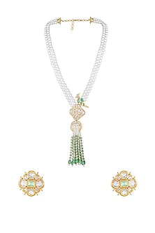 Gold Finish Green Shell Pearl Long Necklace Set