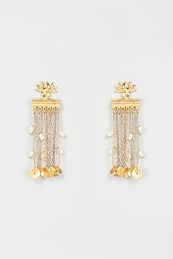 Two Tone Finish Pearl Lotus Dangler Earrings