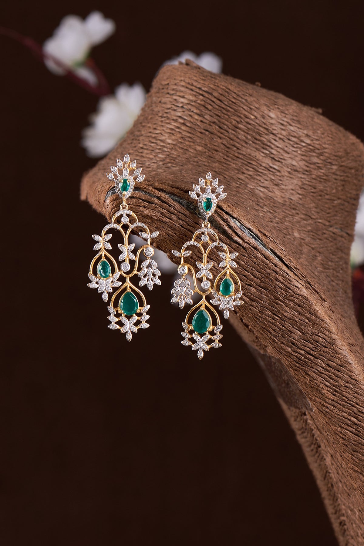 Gold Finish Moissanite Polki & Synthetic Stone Dangler Earrings In Sterling Silver