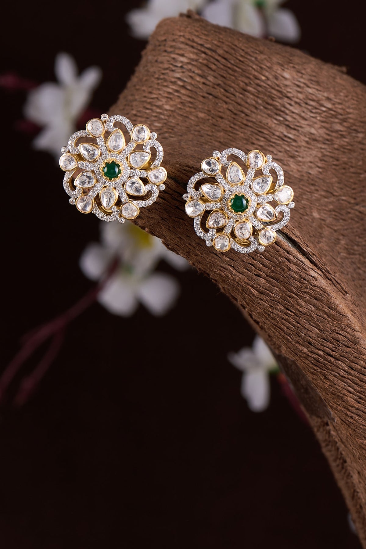Gold Finish Moissanite Polki & Synthetic Stone Stud Earrings In Sterling Silver