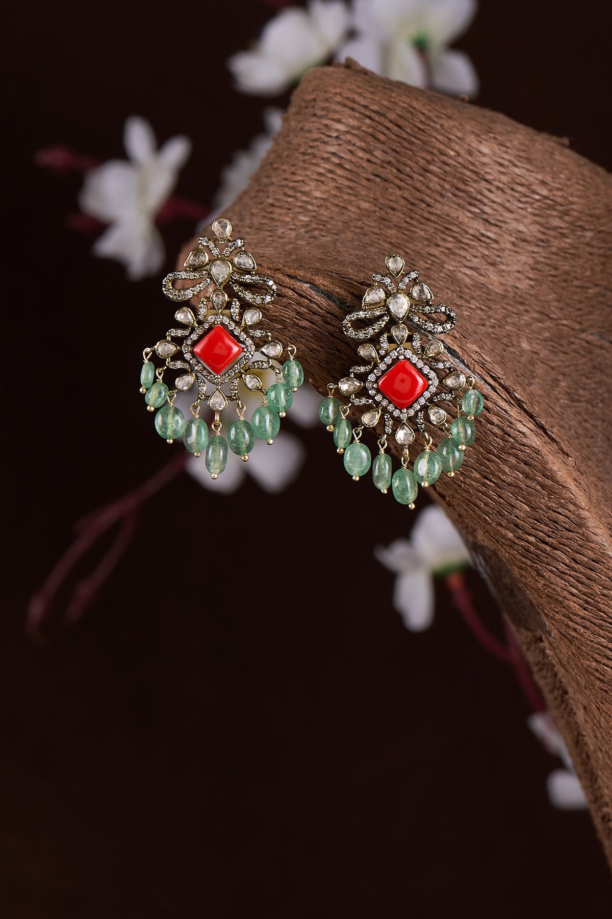 Two-Tone Finish Moissanite Polki & Synthetic Stone Dangler Earrings In Sterling Silver