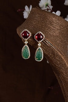 Gold Finish Moissanite Polki & Multi-Colored Stone Dangler Earrings In Sterling Silver