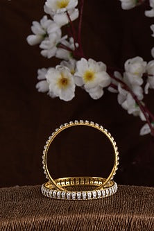 Gold Finish Moissanite Polki Bangles In Sterling Silver (Set of 2)