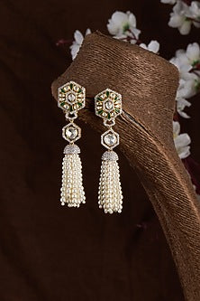 Gold Finish Moissanite Polki Dangler Earrings In Sterling Silver