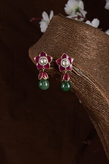Gold Finish Moissanite Polki & Red Stone Dangler Earrings In Sterling Silver